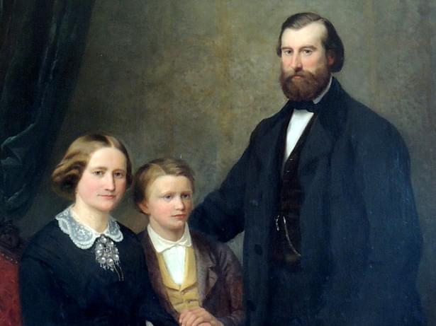 Kunstneren, hans hustru og deres sønn malt av Adolph Tidemand og Hubert Salentin.