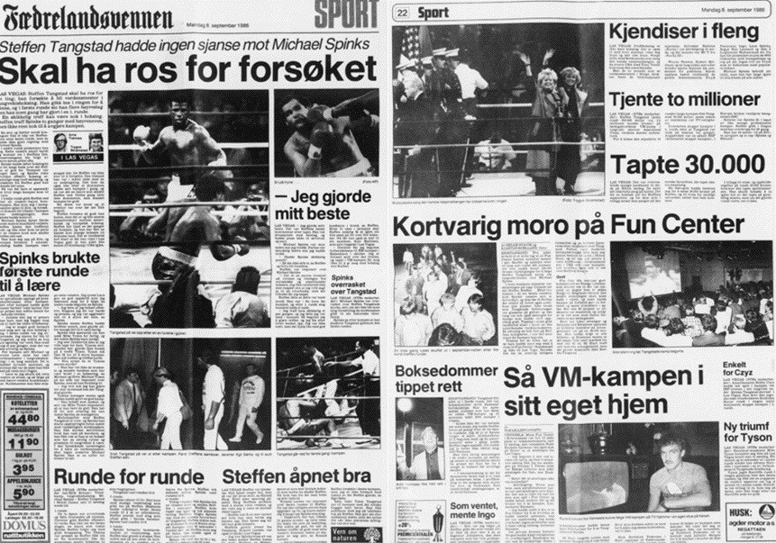 Avisoppslag om Tangstad-Spinks-kampen, Fædrelandsvennen 8. september 1986.