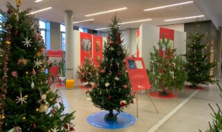 Oversikt over juletrær i utstillingen i Rådhuskvartalet i Kristiansand 2021