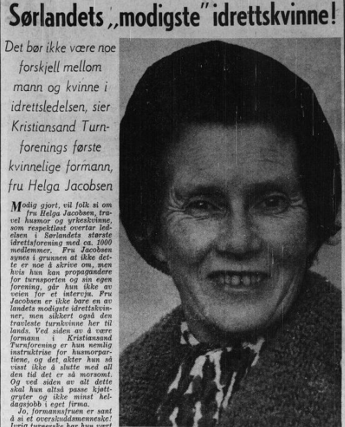 "Sørlandets modigste idrettskvinne" avisutklipp, formann Helga Jacobsen. Kilde: Fædrelandsvennen 09.02.1963