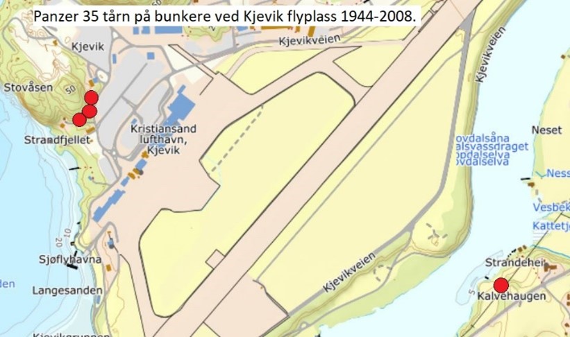 Kart som viser plassering av pansertårnene ved Kjevik i perioden 1944-2008.