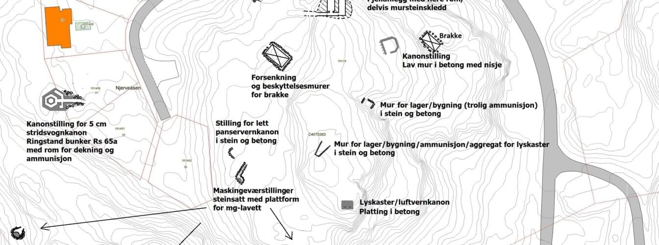 Kart over Njeveåsen i perioden 1941 - 1945. Tyske forsvarsinnretninger.