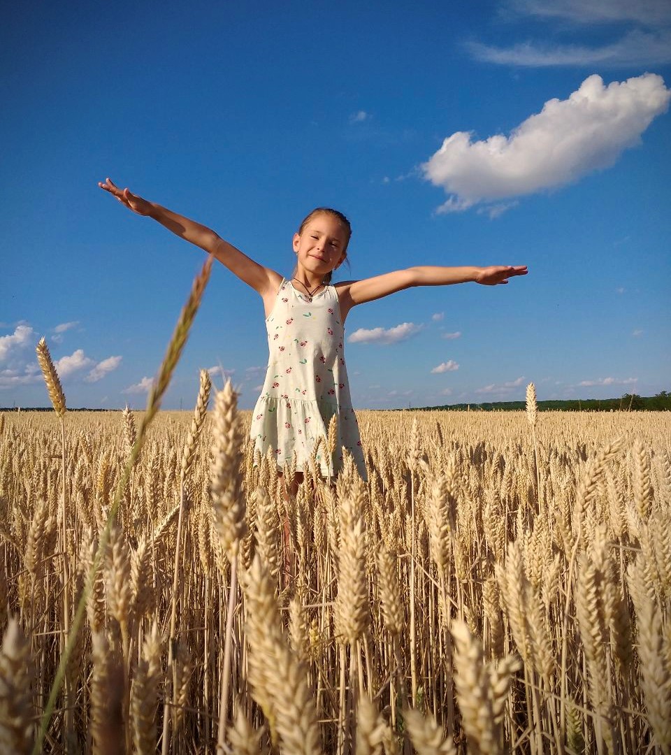 En glad Veronica Nizhynska, 5 år, i hveteåker i Ukraina.