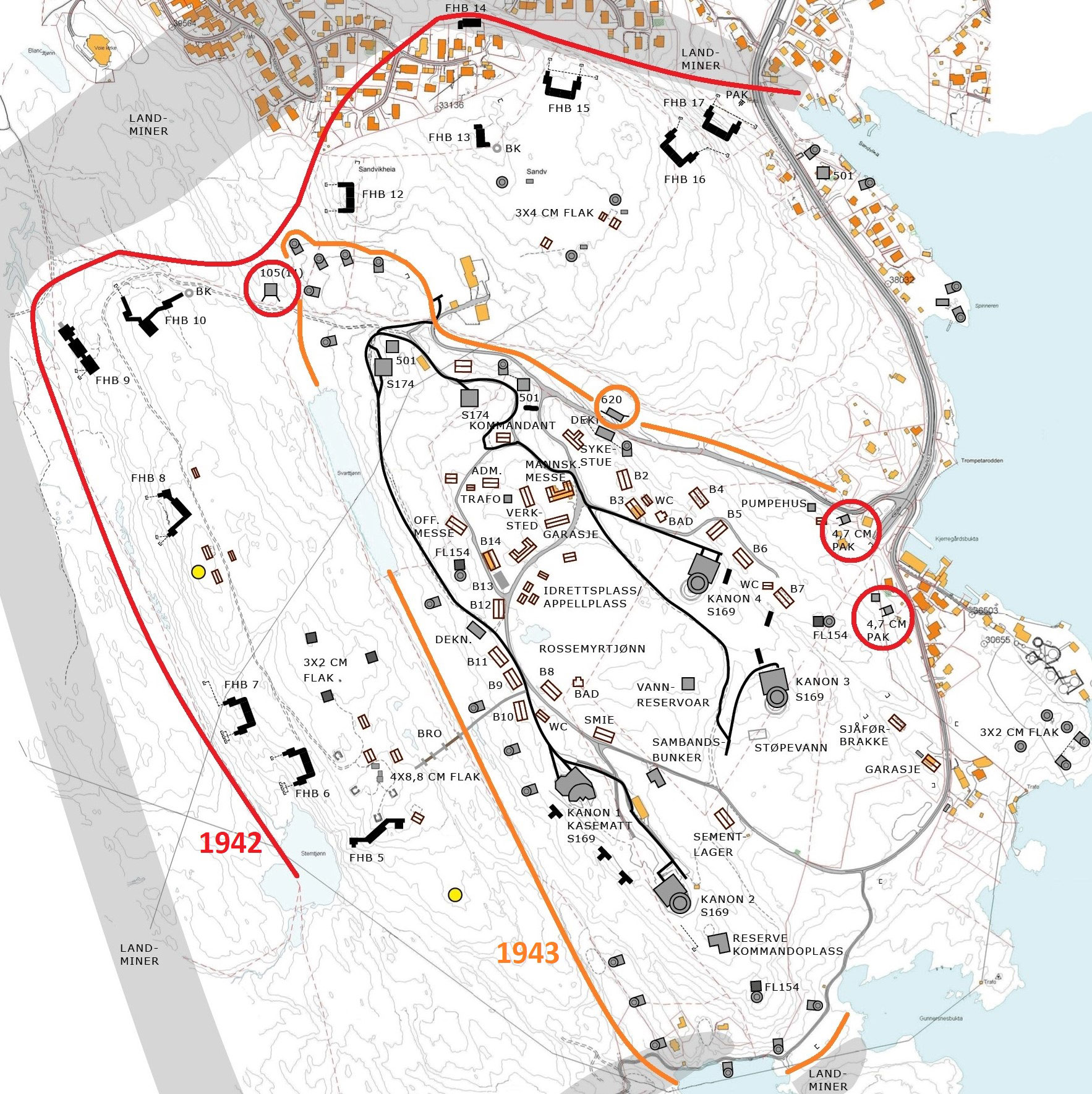 Kart over «Batterie Vara» med ytre og indre landforsvarslinjer. Kart: Vest-Agder-museet.