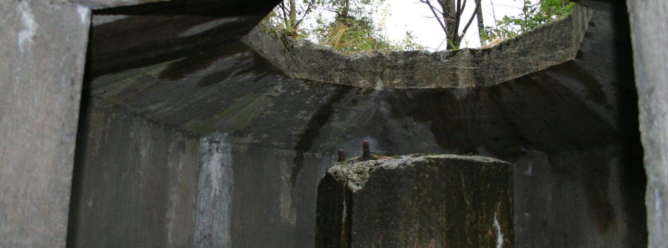 Fra landforsvarslinjen ved Møvik fort. På betongsokkelen var det en gang montert en bombekaster. Foto: Vest-Agder-museet.