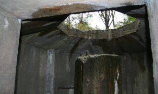 Fra landforsvarslinjen ved Møvik fort. På betongsokkelen var det en gang montert en bombekaster. Foto: Vest-Agder-museet.