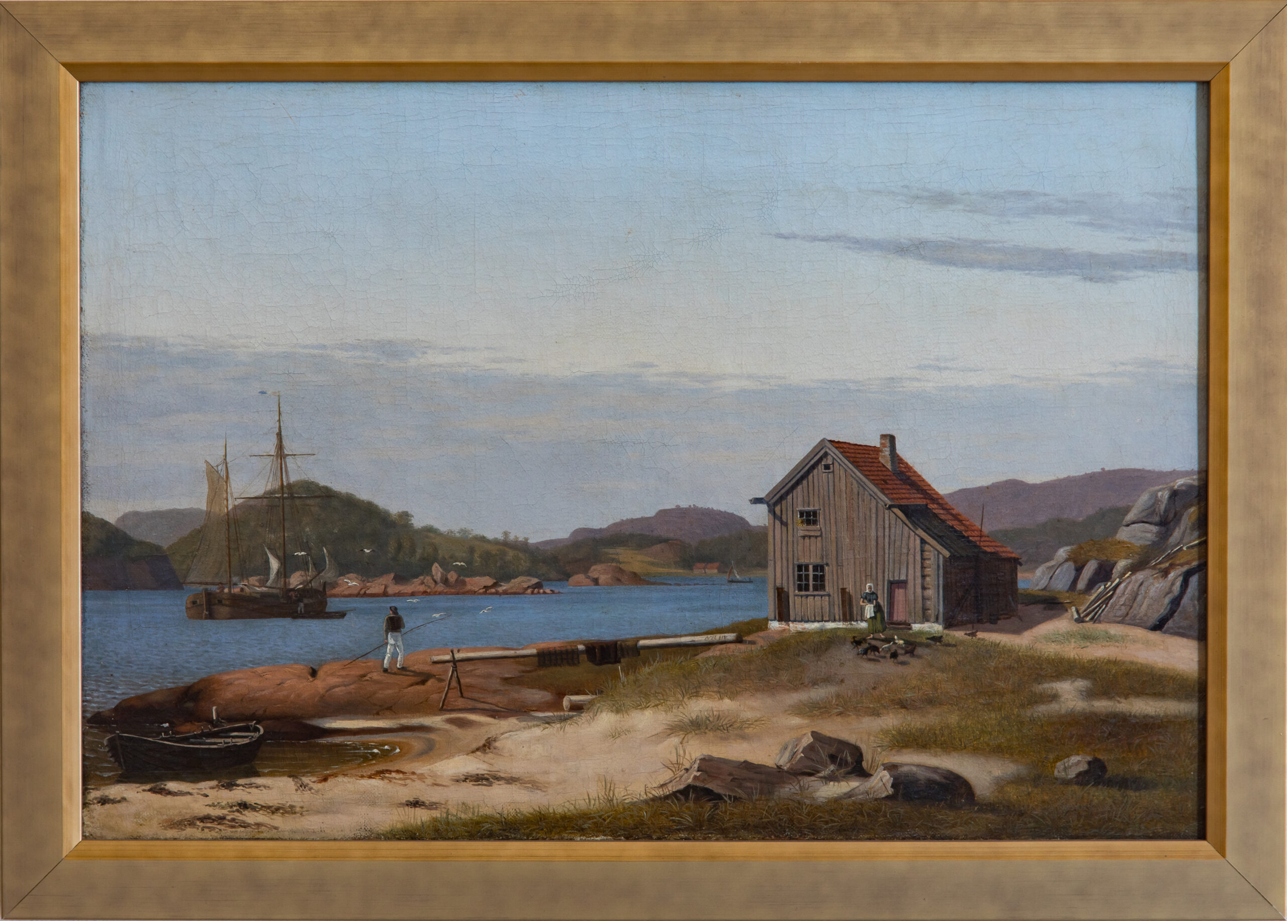 Havnen nær Risøbank ved Mandal malt av Adolph Tidemand. Foto: Nomedal.