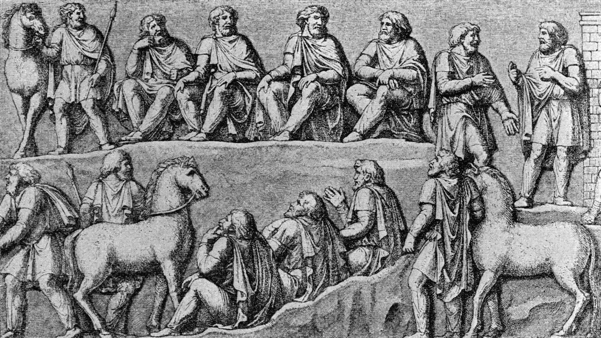 Tegning av et relieff fra Markus Aurelius-søylen i Roma. Den viser en germansk folkeforsamling, sannsynligvis en tingsamling. 