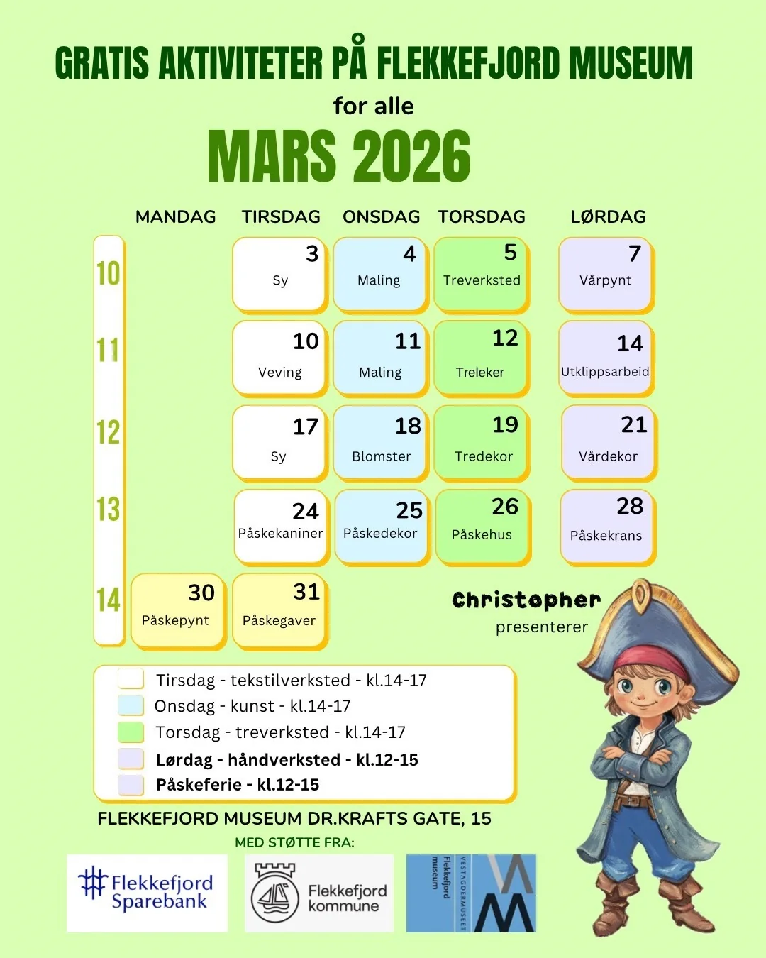 Bildeplakat av aktivitetskalender Flekkefjord museum for mars 2026.