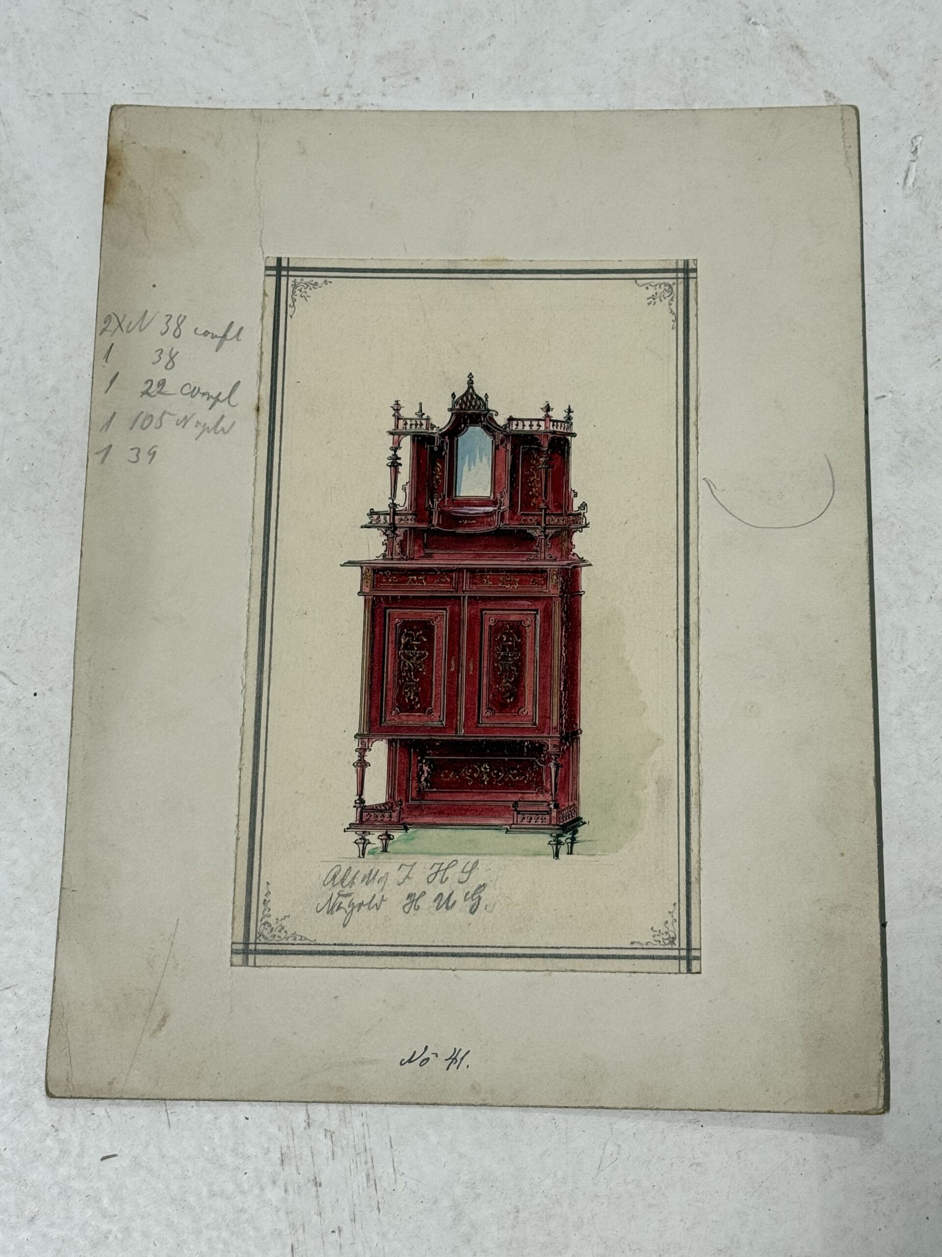 Fargelagt tegning av rødbrunt buffetskap med overbygning med speil, merket med katalognummer 41