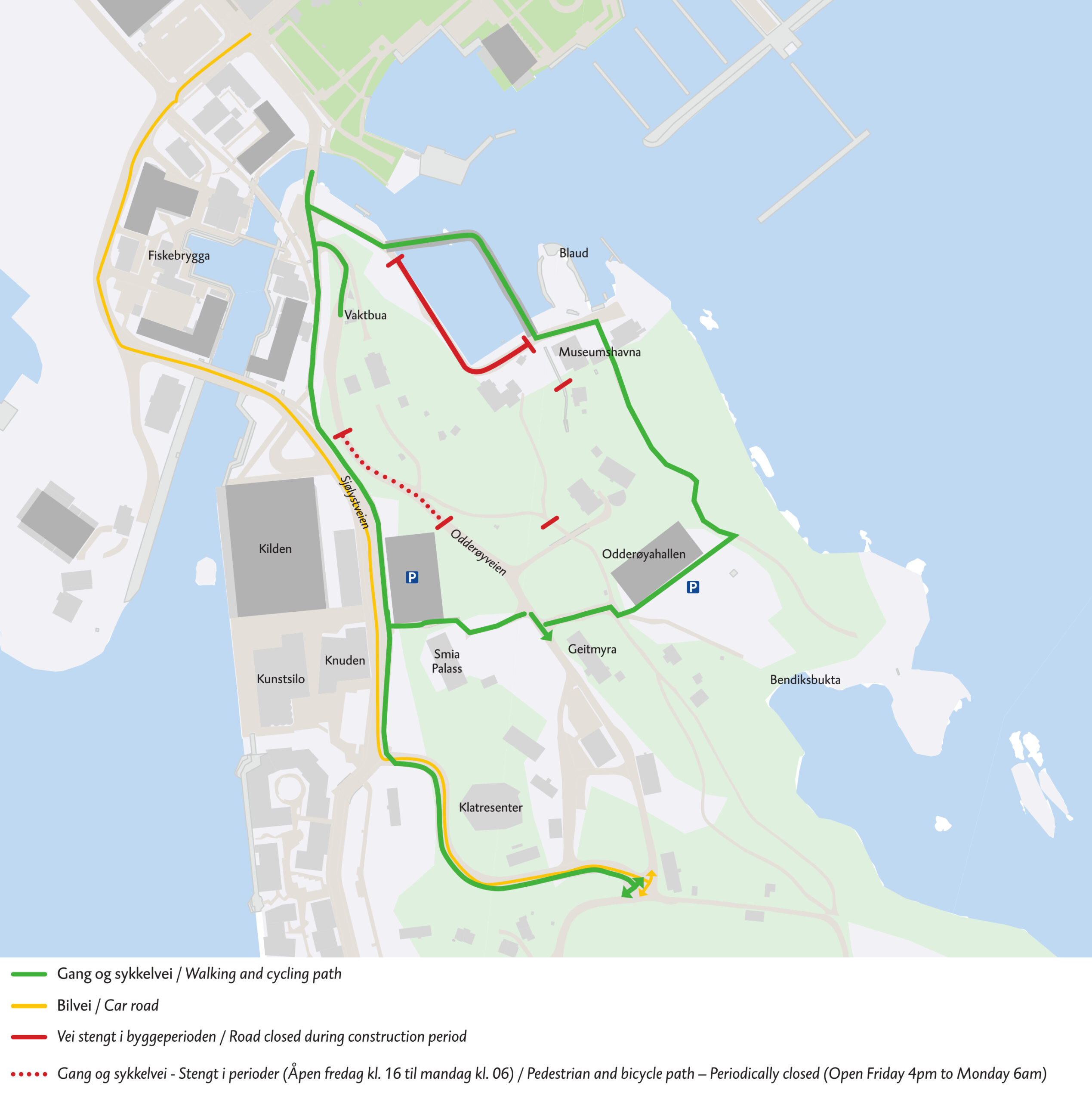 Kart over Odderøya og endring i gang og sykkelvei (29.05.2026).