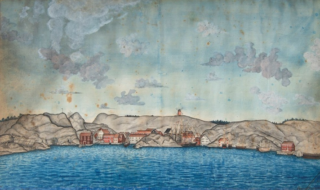 Grimstad-prospekt fra 1804, malt av Christian Helmer (1779-1814). Foto: Grimstad bys museer.