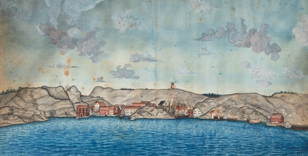 Grimstad-prospekt fra 1804, malt av Christian Helmer (1779-1814). Foto: Grimstad bys museer.